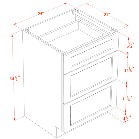 SF - VDB2421: Frost White Slim Shaker 24"W x 34 - 1/2"H x 21"D 3 Drawers Vanity Base Cabinets - NextCabinets