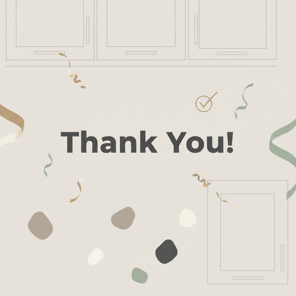 Create a clean, professional 1:1 square thank-you banner for a B2B trade account submission page. Use a minimalist neutral background with subtle business-oriented cabinet elements (simple geometric cabinet panel outlines, handle line icons, small sample swatch shapes). Add very subtle success accents (light confetti/ribbon or a small checkmark motif) — restrained, not playful. Include ONLY the centered headline text: “Thank You!” (no other words). Modern sans-serif typography, high-end corporate look, lots