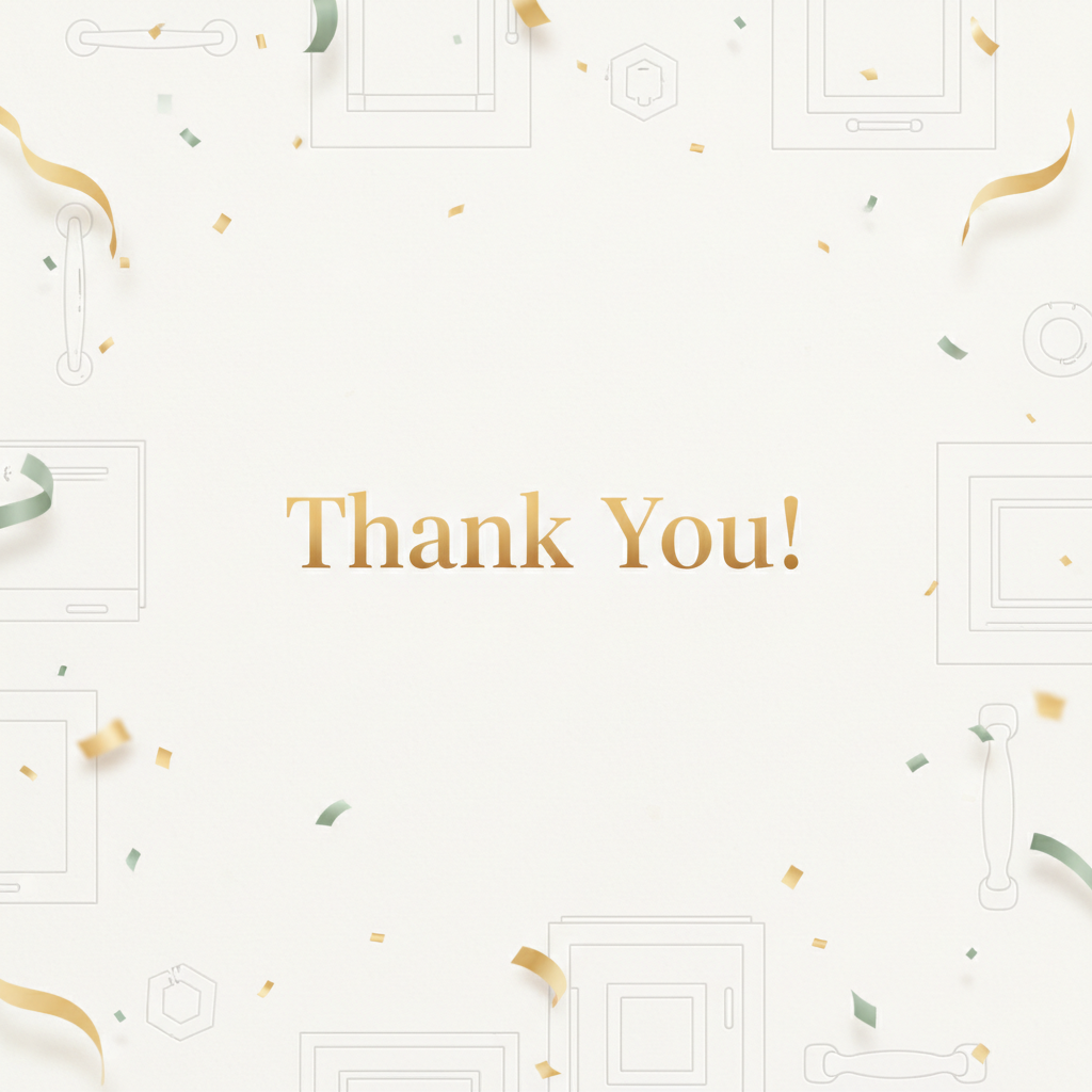 Design a clean, premium 1:1 square thank-you banner for a kitchen cabinet brand. Minimal light background with subtle cabinet-related elements (simple line icons or soft 3D shapes like cabinet doors/handles) and gentle confetti/ribbon success accents (very light, not busy). Centered headline text only: “Thank You!” (no other words). Modern sans-serif typography, high-end aesthetic, warm and welcoming, lots of whitespace, no people, no photos, no watermark,
