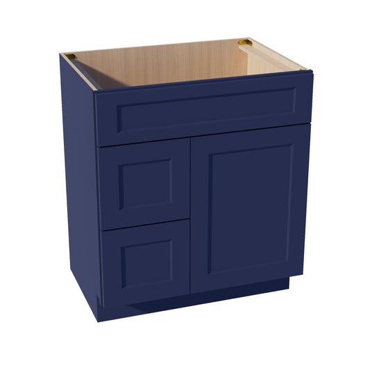 HB - VSD3021L: Indigo Blue Shaker 30"W x 34 - 1/2"H x 21"D 1 Door & 2 Left Drawers Offset Vanity Sink Base Cabinets - NextCabinets