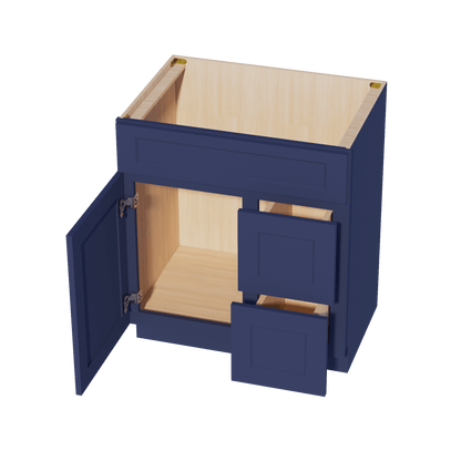 HB - VSD3021R: Indigo Blue Shaker 30"W x 34 - 1/2"H x 21"D 1 Door & 2 Right Drawers Offset Vanity Sink Base Cabinets - NextCabinets