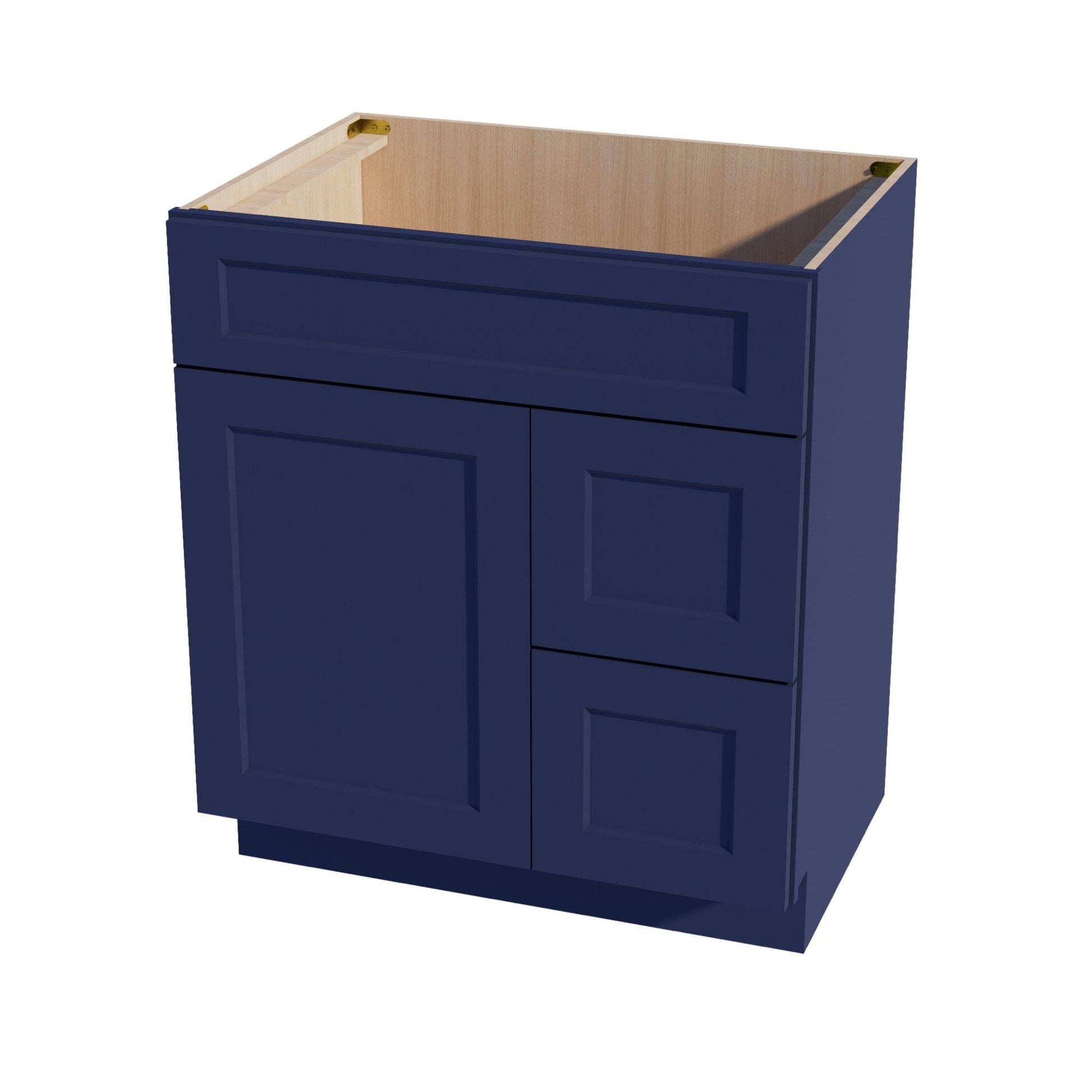 HB - VSD3021R: Indigo Blue Shaker 30"W x 34 - 1/2"H x 21"D 1 Door & 2 Right Drawers Offset Vanity Sink Base Cabinets - NextCabinets