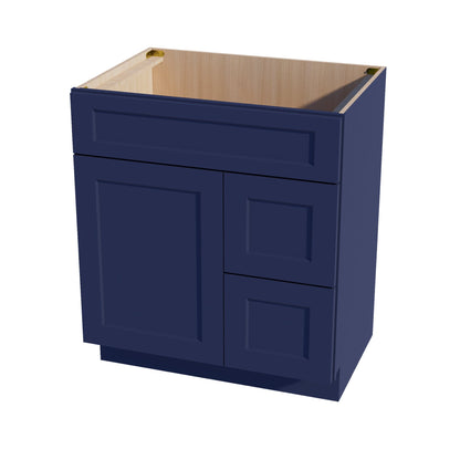 HB - VSD3021R: Indigo Blue Shaker 30"W x 34 - 1/2"H x 21"D 1 Door & 2 Right Drawers Offset Vanity Sink Base Cabinets - NextCabinets