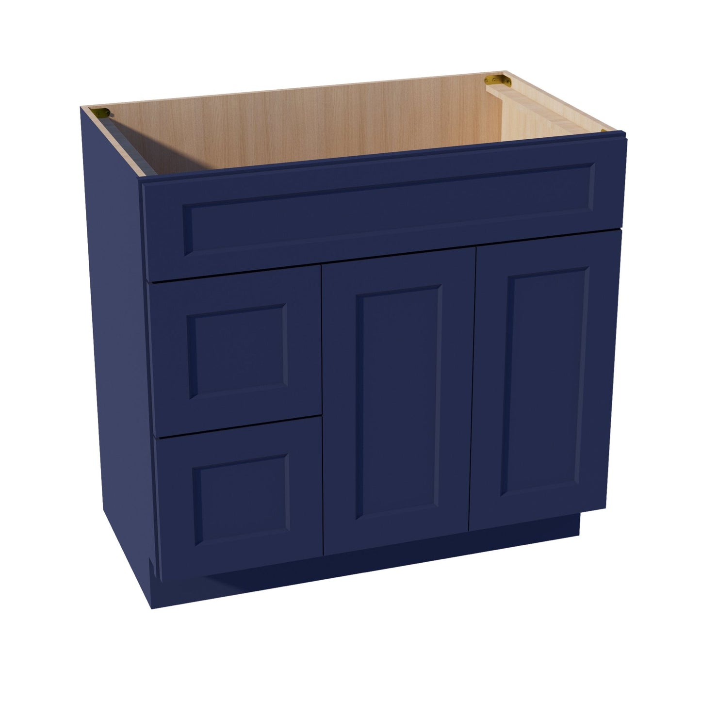 HB - VSD3621L: Indigo Blue Shaker 36"W x 34 - 1/2"H x 21"D 2 Doors & 2 Left Drawers Offset Vanity Sink Base Cabinets - NextCabinets