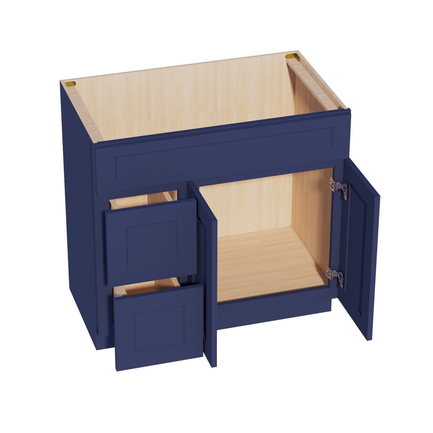 HB - VSD3621L: Indigo Blue Shaker 36"W x 34 - 1/2"H x 21"D 2 Doors & 2 Left Drawers Offset Vanity Sink Base Cabinets - NextCabinets