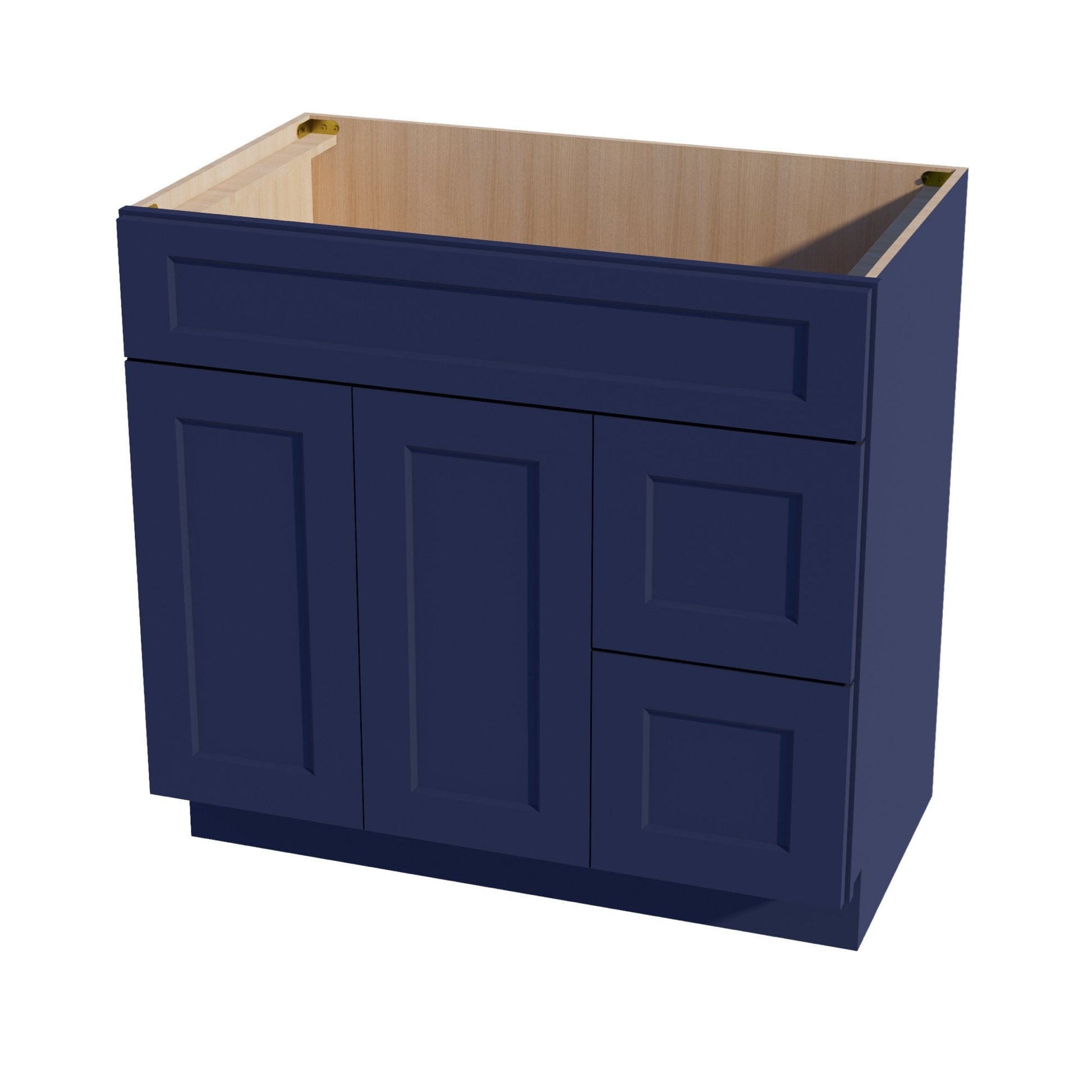 HB - VSD3621R: Indigo Blue Shaker 36"W x 34 - 1/2"H x 21"D 2 Doors & 2 Right Drawers Offset Vanity Sink Base Cabinets - NextCabinets