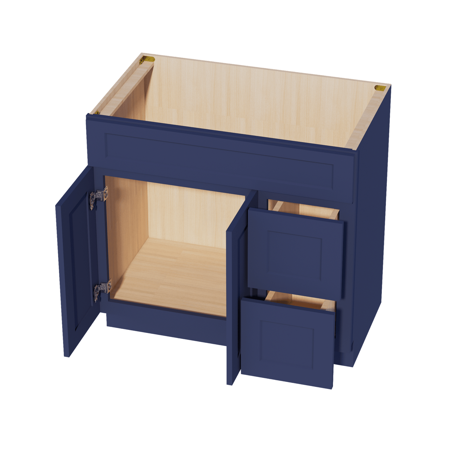 HB - VSD3621R: Indigo Blue Shaker 36"W x 34 - 1/2"H x 21"D 2 Doors & 2 Right Drawers Offset Vanity Sink Base Cabinets - NextCabinets