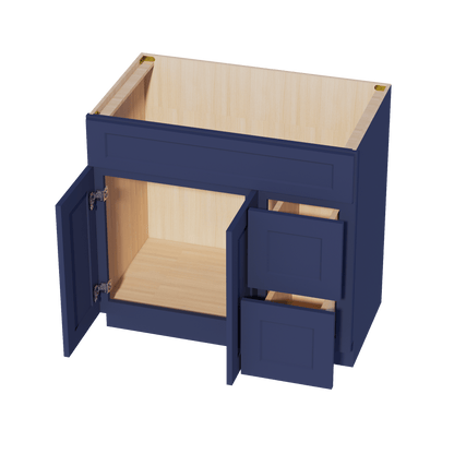 HB - VSD3621R: Indigo Blue Shaker 36"W x 34 - 1/2"H x 21"D 2 Doors & 2 Right Drawers Offset Vanity Sink Base Cabinets - NextCabinets
