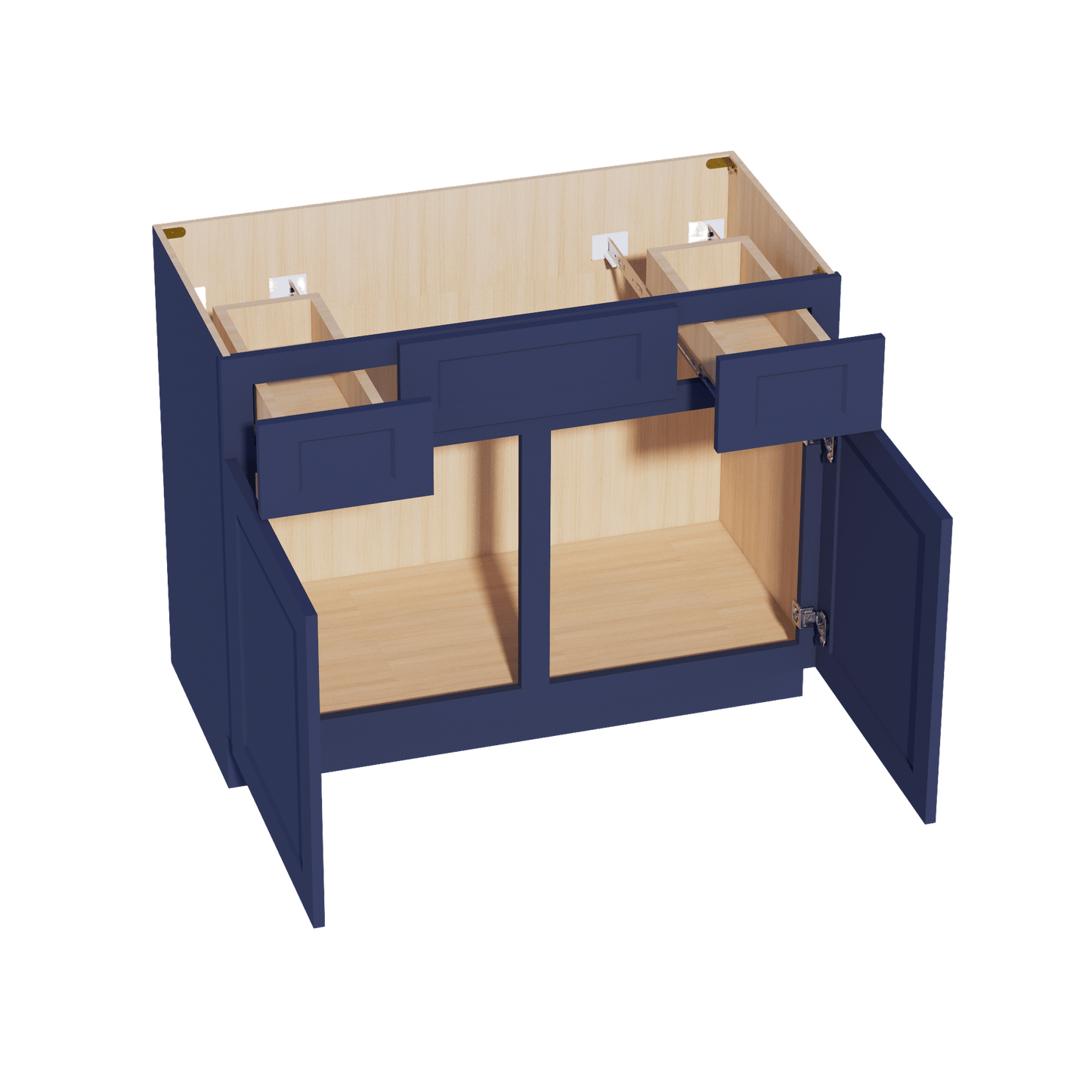 HB - VSD4221: Indigo Blue Shaker 42"W x 34 - 1/2"H x 21"D 2 Doors, 2 Drawers & 1 False Drawer Centered Vanity Sink Base Cabinets - NextCabinets