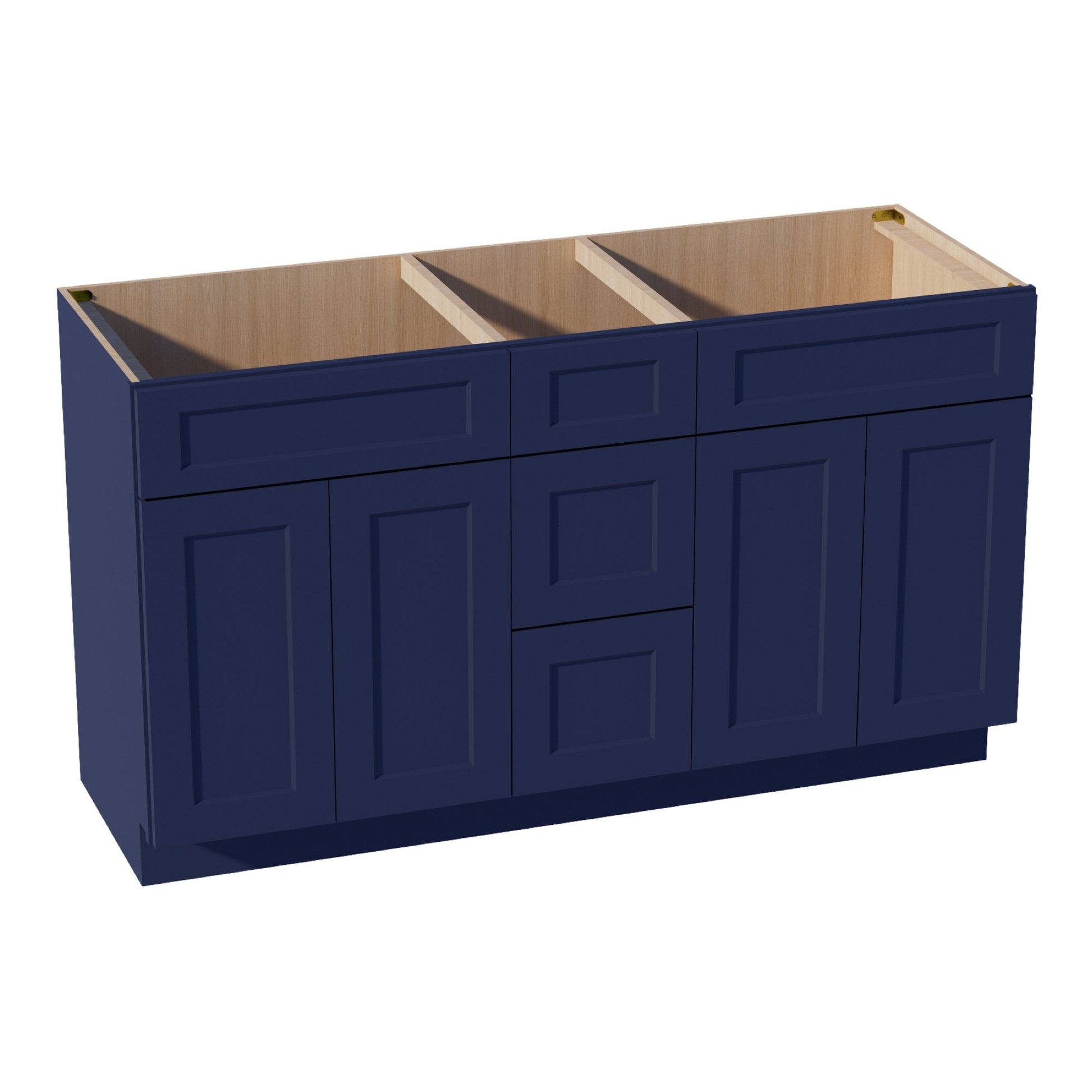 HB - VSD60DOUBLEE: Indigo Blue Shaker 60"W x 34 - 1/2"H x 21"D 4 Doors, 3 Drawers & 2 False Drawers Double Sink Vanity Base Combo Cabinets - NextCabinets