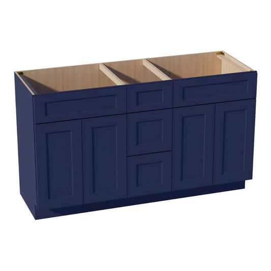 HB - VSD60DOUBLEE: Indigo Blue Shaker 60"W x 34 - 1/2"H x 21"D 4 Doors, 3 Drawers & 2 False Drawers Double Sink Vanity Base Combo Cabinets - NextCabinets