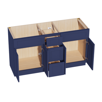 HB - VSD60DOUBLEE: Indigo Blue Shaker 60"W x 34 - 1/2"H x 21"D 4 Doors, 3 Drawers & 2 False Drawers Double Sink Vanity Base Combo Cabinets - NextCabinets