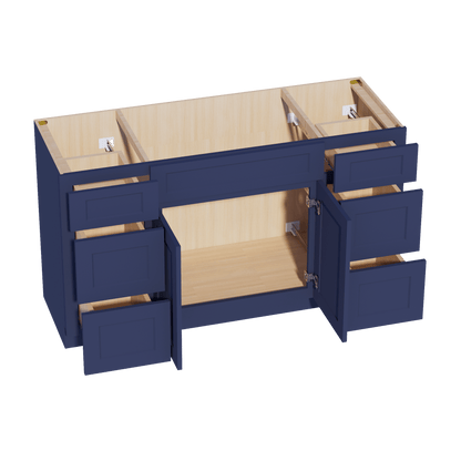 HB - VSD60SINGLE: Indigo Blue Shaker 60"W x 34 - 1/2"H x 21"D 2 Doors, 6 Drawers & 1 False Drawer Single Sink Vanity Base Combo Cabinets - NextCabinets