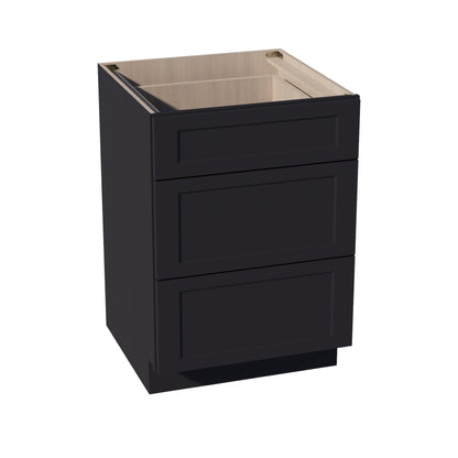 HE - DB24: Ebony Black Shaker 24" 3 Drawers Base Cabinet - NextCabinets