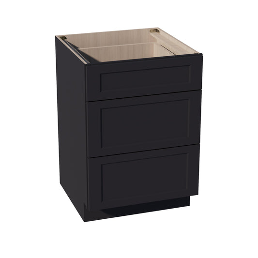 HE - DB24: Ebony Black Shaker 24" 3 Drawers Base Cabinet - NextCabinets