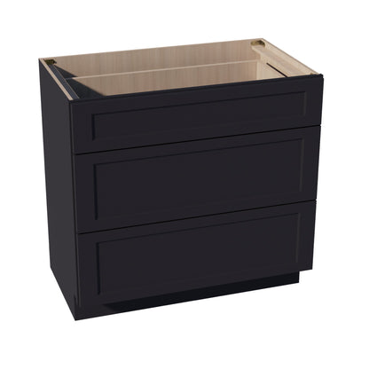 HE - VDB3621: Ebony Black Shaker 36"W x 34 - 1/2"H x 21"D 3 Drawers Vanity Base Cabinets - NextCabinets