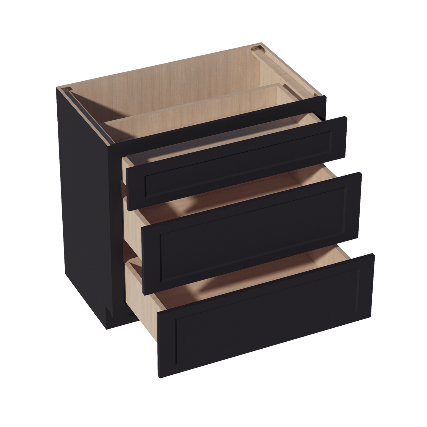 HE - VDB3621: Ebony Black Shaker 36"W x 34 - 1/2"H x 21"D 3 Drawers Vanity Base Cabinets - NextCabinets