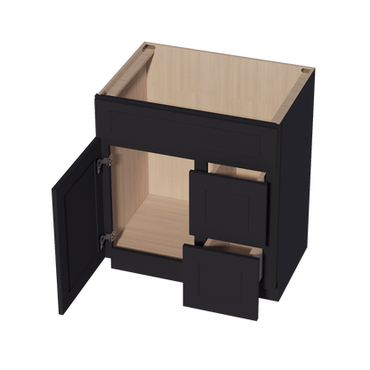 HE - VSD3021R: Ebony Black Shaker 30"W x 34 - 1/2"H x 21"D 1 Door & 2 Right Drawers Offset Vanity Sink Base Cabinets - NextCabinets