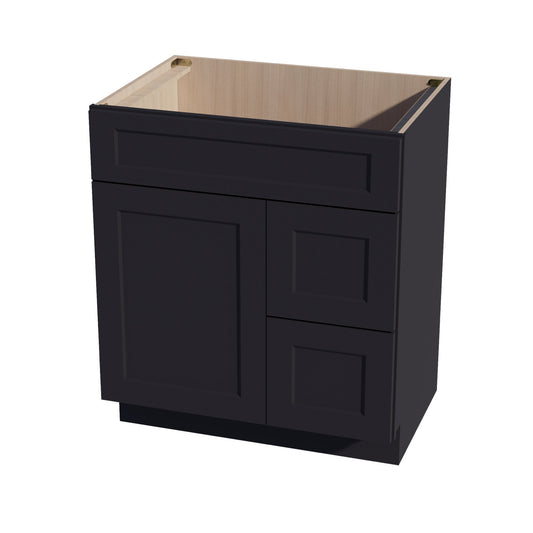 HE - VSD3021R: Ebony Black Shaker 30"W x 34 - 1/2"H x 21"D 1 Door & 2 Right Drawers Offset Vanity Sink Base Cabinets - NextCabinets