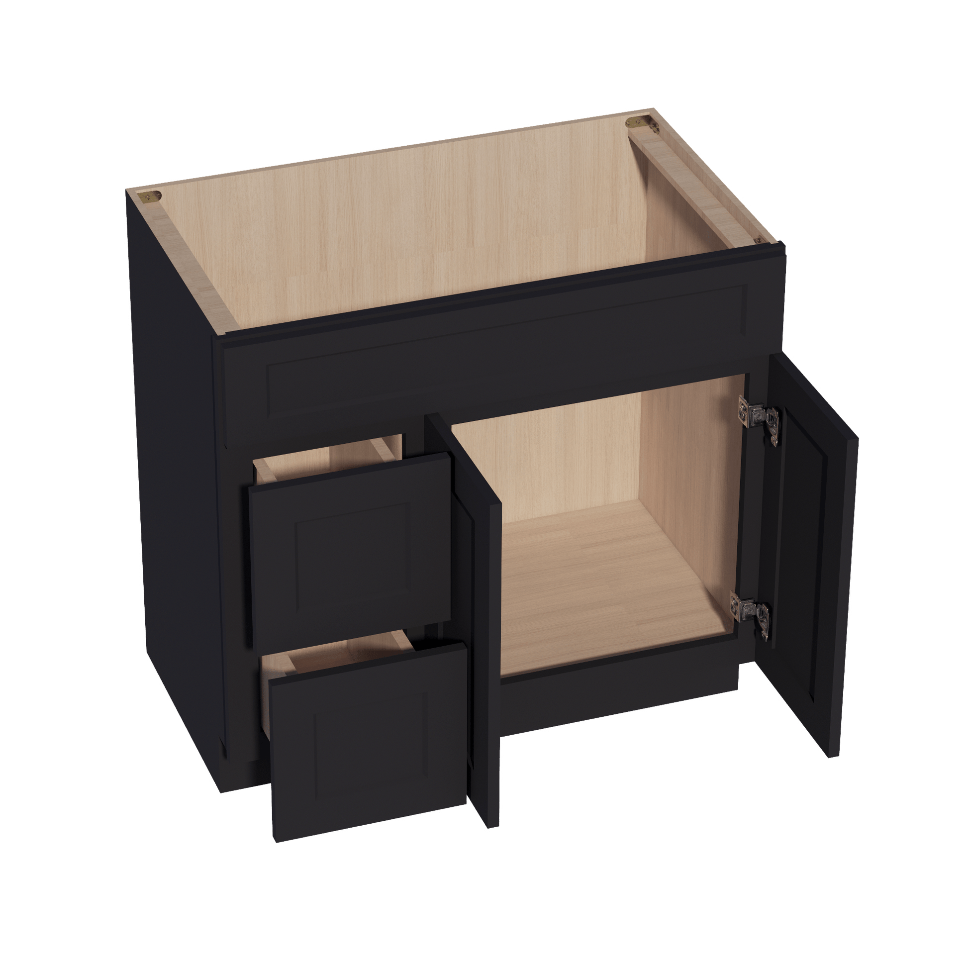 HE - VSD3621L: Ebony Black Shaker 36"W x 34 - 1/2"H x 21"D 2 Doors & 2 Left Drawers Offset Vanity Sink Base Cabinets - NextCabinets