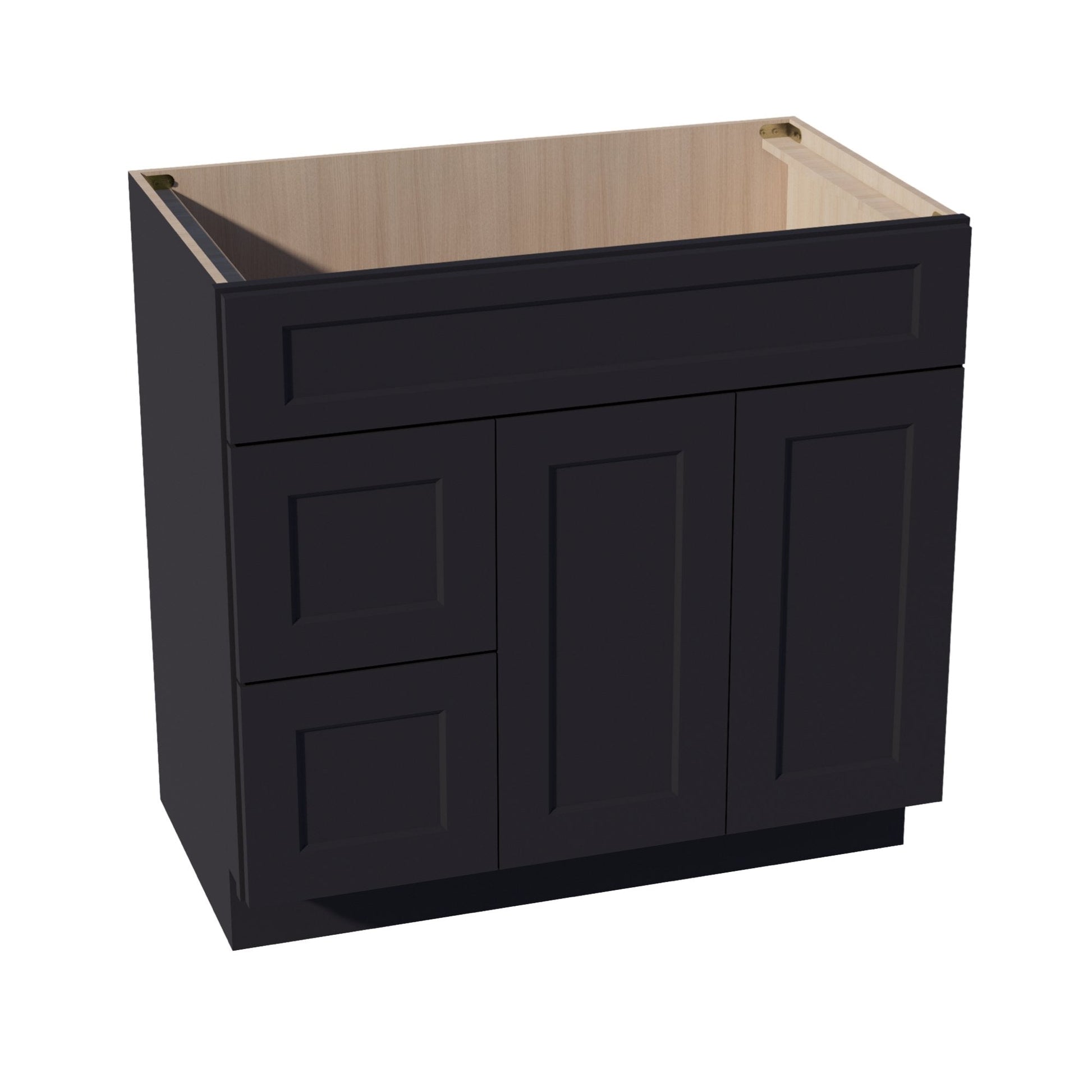 HE - VSD3621L: Ebony Black Shaker 36"W x 34 - 1/2"H x 21"D 2 Doors & 2 Left Drawers Offset Vanity Sink Base Cabinets - NextCabinets