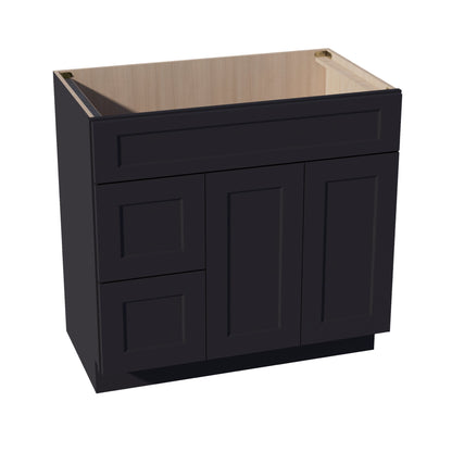 HE - VSD3621L: Ebony Black Shaker 36"W x 34 - 1/2"H x 21"D 2 Doors & 2 Left Drawers Offset Vanity Sink Base Cabinets - NextCabinets