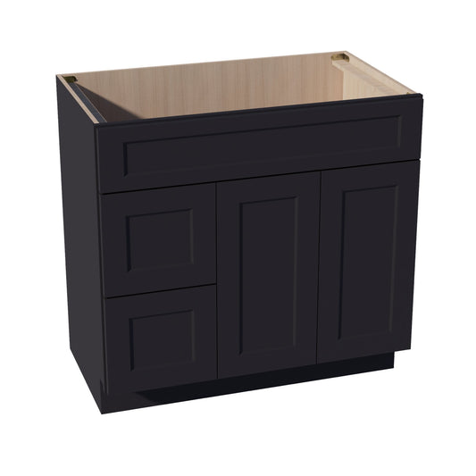 HE - VSD3621L: Ebony Black Shaker 36"W x 34 - 1/2"H x 21"D 2 Doors & 2 Left Drawers Offset Vanity Sink Base Cabinets - NextCabinets