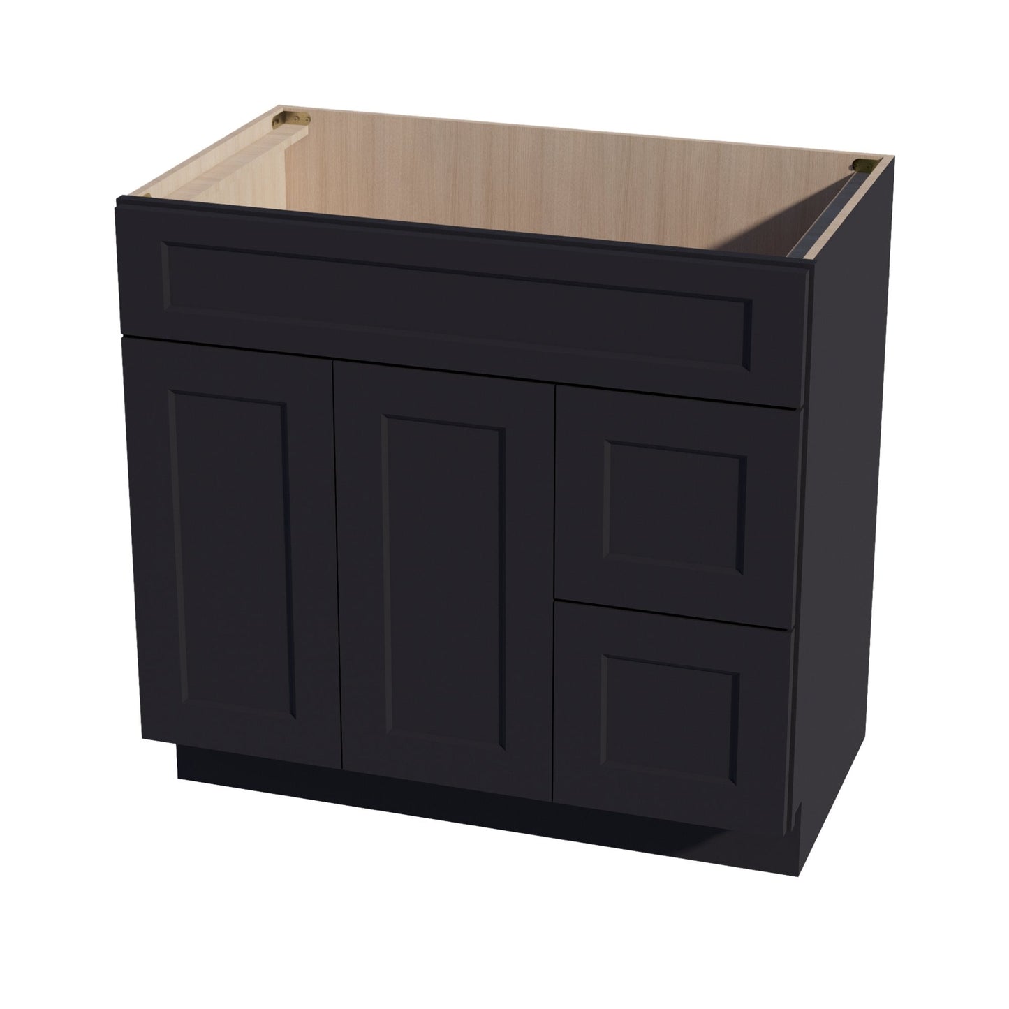 HE - VSD3621R: Ebony Black Shaker 36"W x 34 - 1/2"H x 21"D 2 Doors & 2 Right Drawers Offset Vanity Sink Base Cabinets - NextCabinets