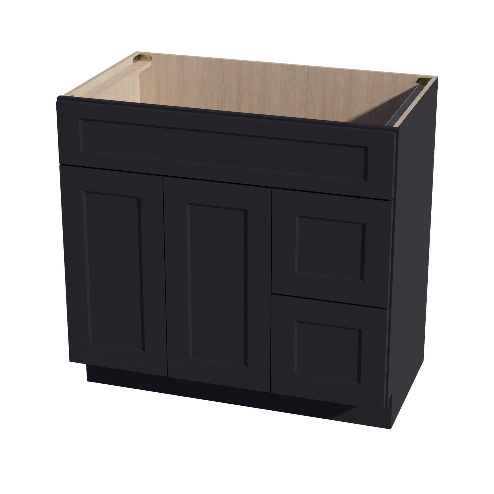HE - VSD3621R: Ebony Black Shaker 36"W x 34 - 1/2"H x 21"D 2 Doors & 2 Right Drawers Offset Vanity Sink Base Cabinets - NextCabinets