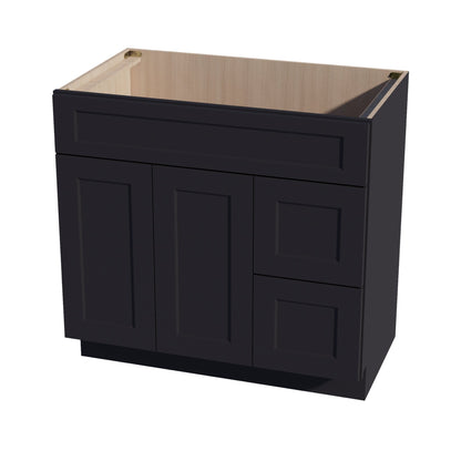 HE - VSD3621R: Ebony Black Shaker 36"W x 34 - 1/2"H x 21"D 2 Doors & 2 Right Drawers Offset Vanity Sink Base Cabinets - NextCabinets