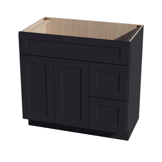 HE - VSD3621R: Ebony Black Shaker 36"W x 34 - 1/2"H x 21"D 2 Doors & 2 Right Drawers Offset Vanity Sink Base Cabinets - NextCabinets