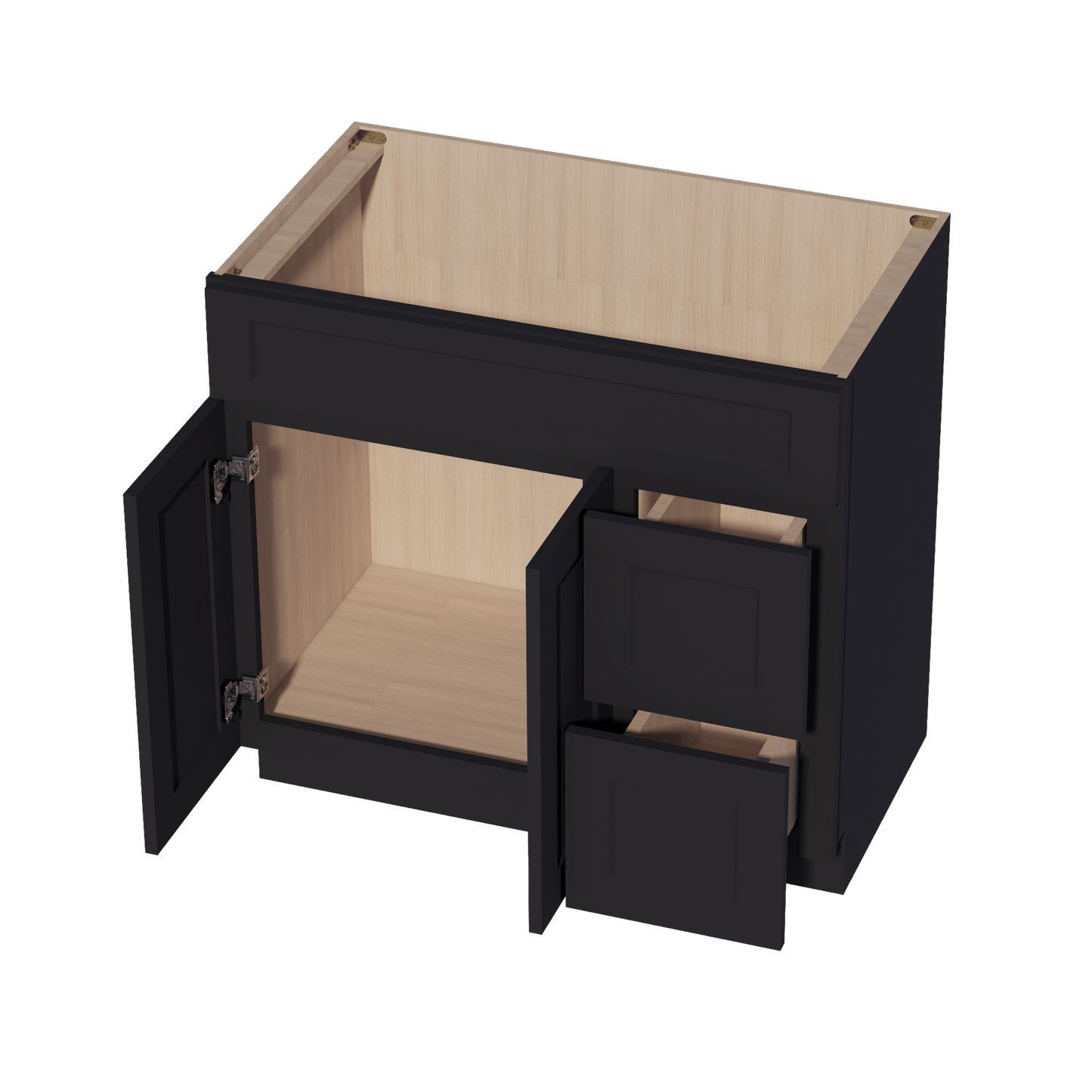 HE - VSD3621R: Ebony Black Shaker 36"W x 34 - 1/2"H x 21"D 2 Doors & 2 Right Drawers Offset Vanity Sink Base Cabinets - NextCabinets