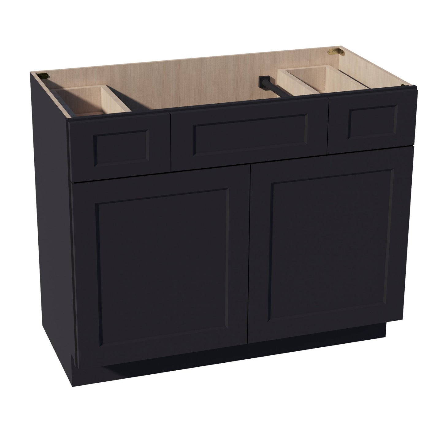 HE - VSD4221: Ebony Black Shaker 42"W x 34 - 1/2"H x 21"D 2 Doors, 2 Drawers & 1 False Drawer Centered Vanity Sink Base Cabinets - NextCabinets