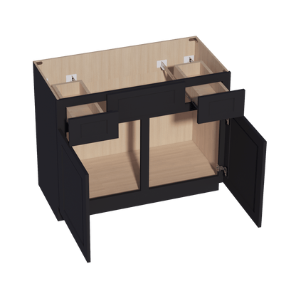 HE - VSD4221: Ebony Black Shaker 42"W x 34 - 1/2"H x 21"D 2 Doors, 2 Drawers & 1 False Drawer Centered Vanity Sink Base Cabinets - NextCabinets