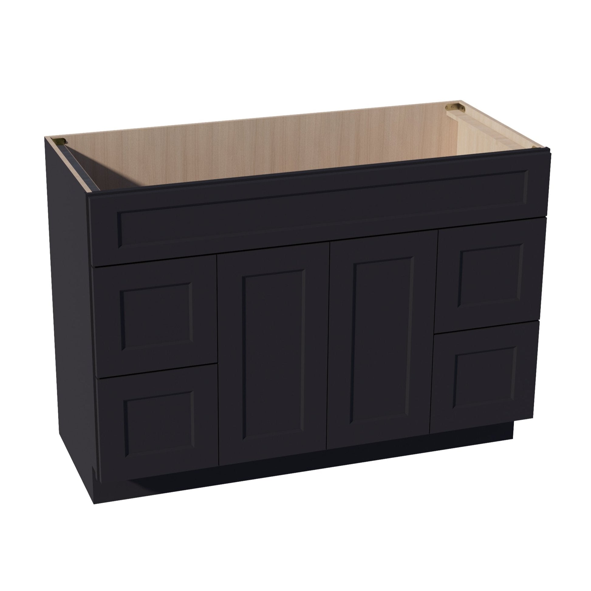HE - VSD4821: Ebony Black Shaker 48"W x 34 - 1/2"H x 21"D 2 Doors, 4 Drawers & 1 False Drawer Centered Vanity Sink Base Cabinets - NextCabinets