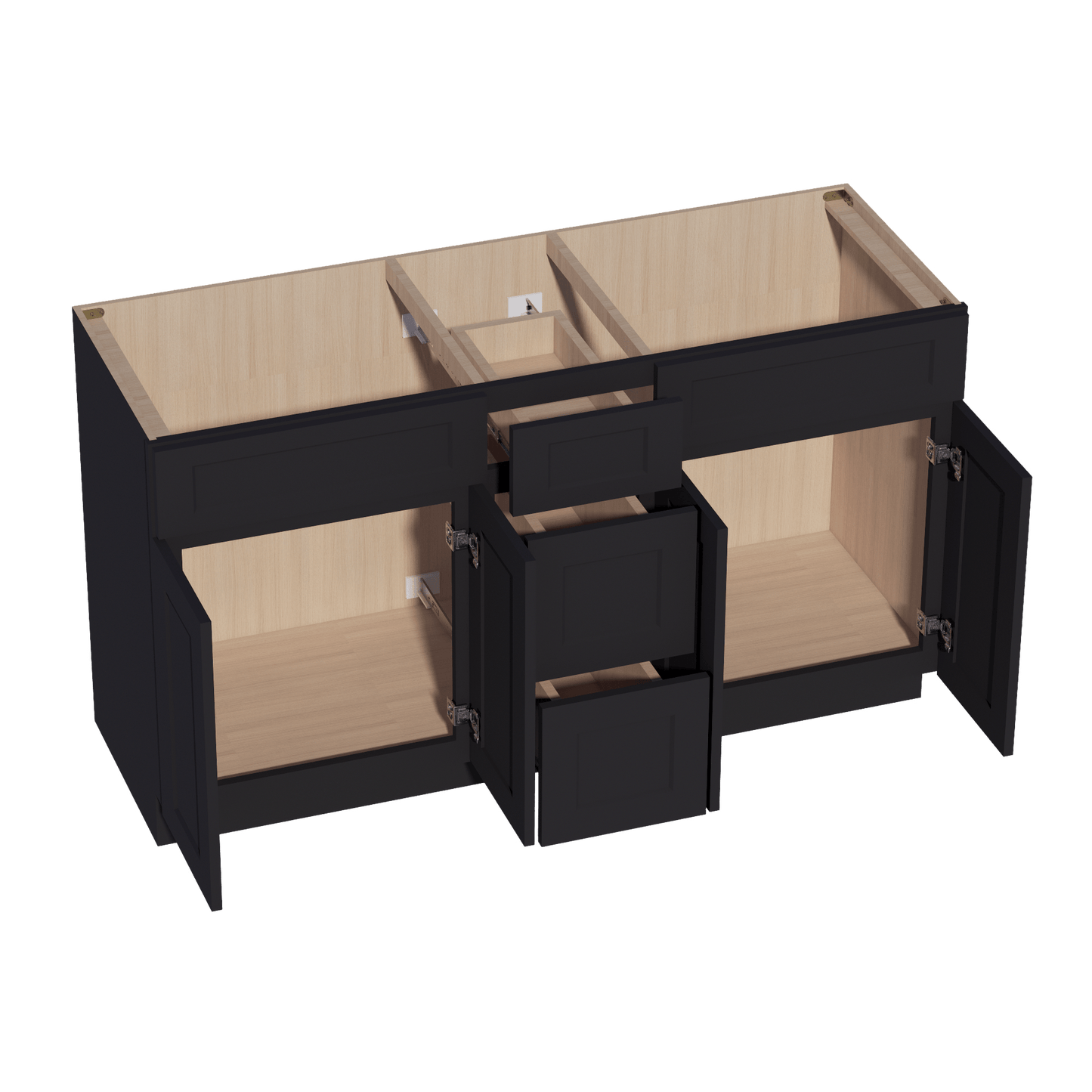 HE - VSD60DOUBLEE: Ebony Black Shaker 60"W x 34 - 1/2"H x 21"D 4 Doors, 3 Drawers & 2 False Drawers Double Sink Vanity Base Combo Cabinets - NextCabinets