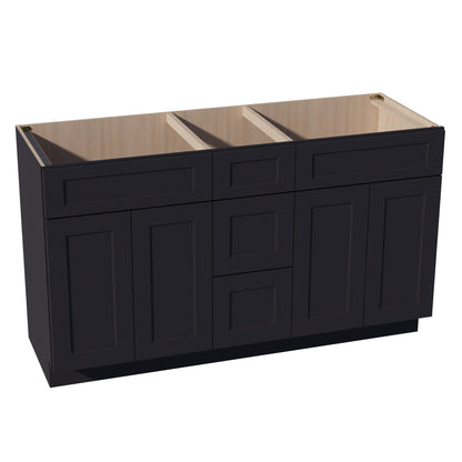 HE - VSD60DOUBLEE: Ebony Black Shaker 60"W x 34 - 1/2"H x 21"D 4 Doors, 3 Drawers & 2 False Drawers Double Sink Vanity Base Combo Cabinets - NextCabinets