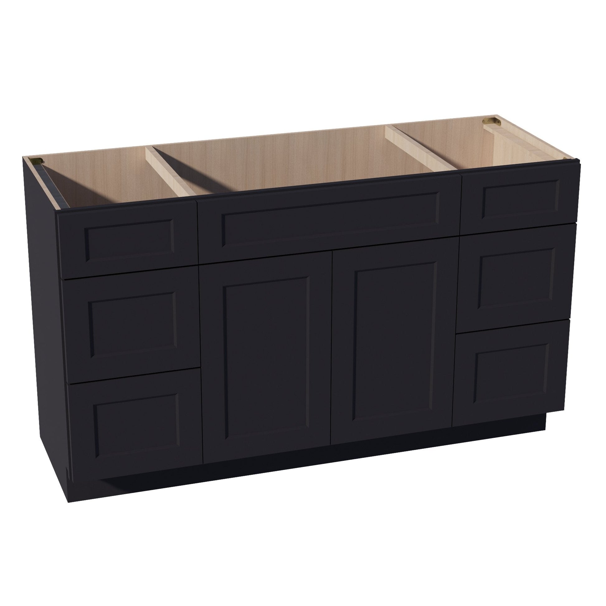 HE - VSD60SINGLE: Ebony Black Shaker 60"W x 34 - 1/2"H x 21"D 2 Doors, 6 Drawers & 1 False Drawer Single Sink Vanity Base Combo Cabinets - NextCabinets