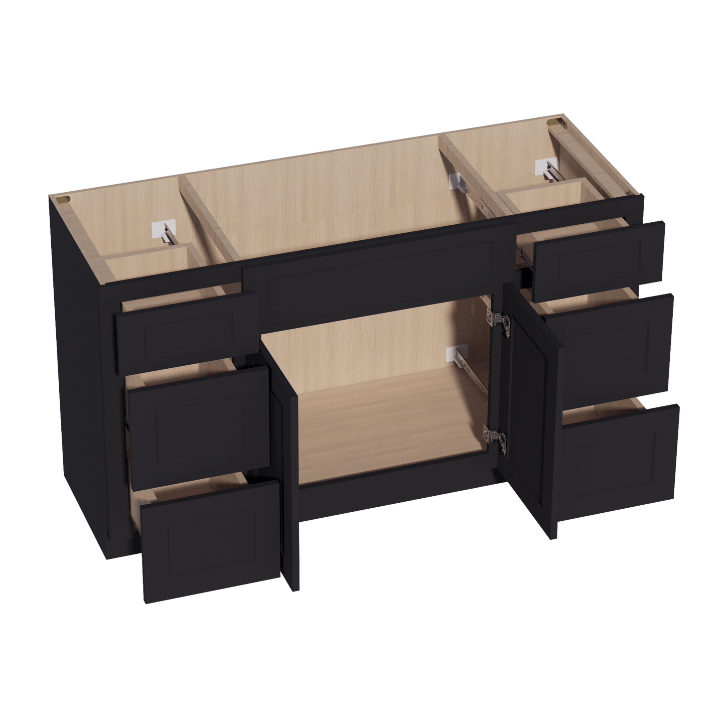 HE - VSD60SINGLE: Ebony Black Shaker 60"W x 34 - 1/2"H x 21"D 2 Doors, 6 Drawers & 1 False Drawer Single Sink Vanity Base Combo Cabinets - NextCabinets