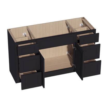 HE - VSD60SINGLE: Ebony Black Shaker 60"W x 34 - 1/2"H x 21"D 2 Doors, 6 Drawers & 1 False Drawer Single Sink Vanity Base Combo Cabinets - NextCabinets