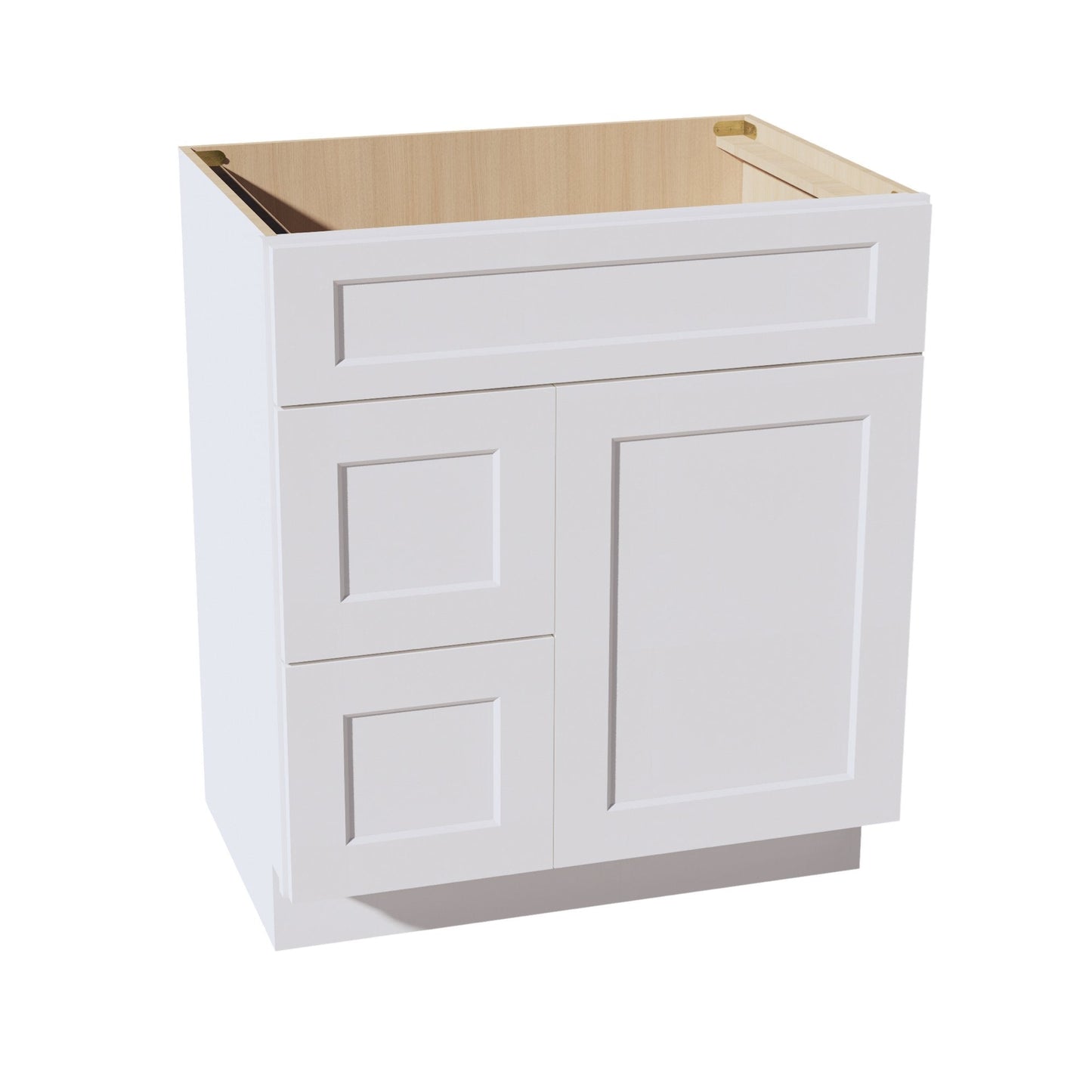 HF - VSD3021L: Frost White Shaker 30"W x 34 - 1/2"H x 21"D 1 Door & 2 Left Drawers Offset Vanity Sink Base Cabinets - NextCabinets