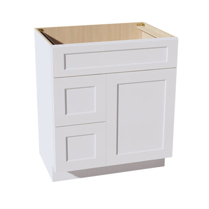 HF - VSD3021L: Frost White Shaker 30"W x 34 - 1/2"H x 21"D 1 Door & 2 Left Drawers Offset Vanity Sink Base Cabinets - NextCabinets