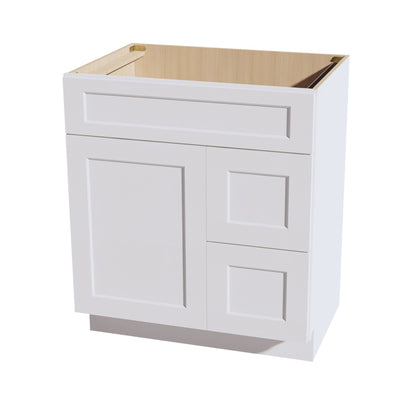 HF - VSD3021R: Frost White Shaker 30"W x 34 - 1/2"H x 21"D 1 Door & 2 Right Drawers Offset Vanity Sink Base Cabinets - NextCabinets
