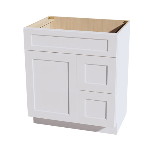 HF - VSD3021R: Frost White Shaker 30"W x 34 - 1/2"H x 21"D 1 Door & 2 Right Drawers Offset Vanity Sink Base Cabinets - NextCabinets