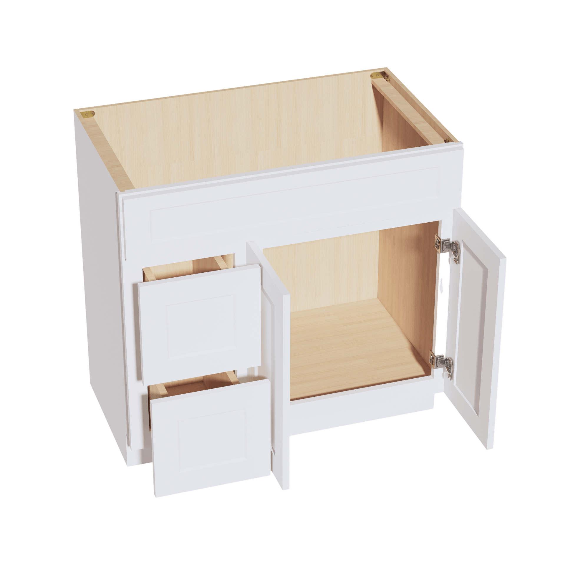 HF - VSD3621L: Frost White Shaker 36"W x 34 - 1/2"H x 21"D 2 Doors & 2 Left Drawers Offset Vanity Sink Base Cabinets - NextCabinets