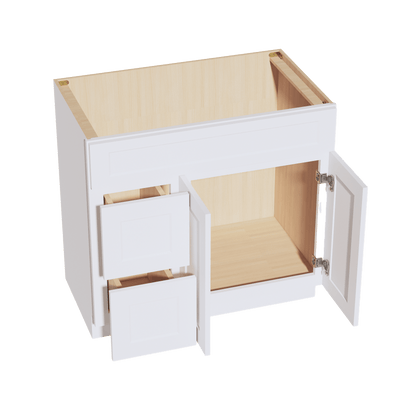 HF - VSD3621L: Frost White Shaker 36"W x 34 - 1/2"H x 21"D 2 Doors & 2 Left Drawers Offset Vanity Sink Base Cabinets - NextCabinets