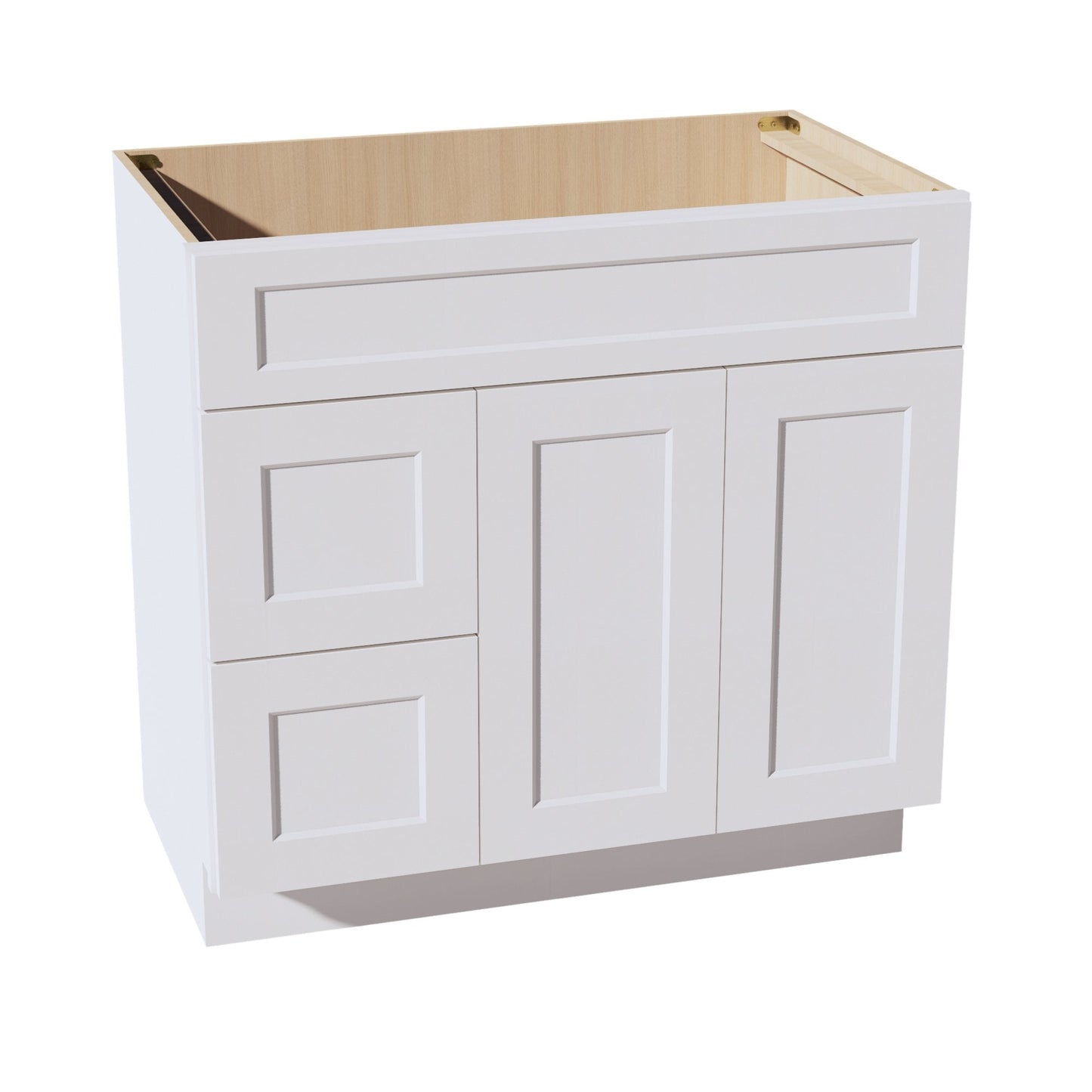 HF - VSD3621L: Frost White Shaker 36"W x 34 - 1/2"H x 21"D 2 Doors & 2 Left Drawers Offset Vanity Sink Base Cabinets - NextCabinets