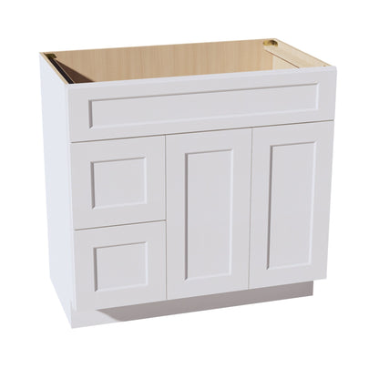HF - VSD3621L: Frost White Shaker 36"W x 34 - 1/2"H x 21"D 2 Doors & 2 Left Drawers Offset Vanity Sink Base Cabinets - NextCabinets