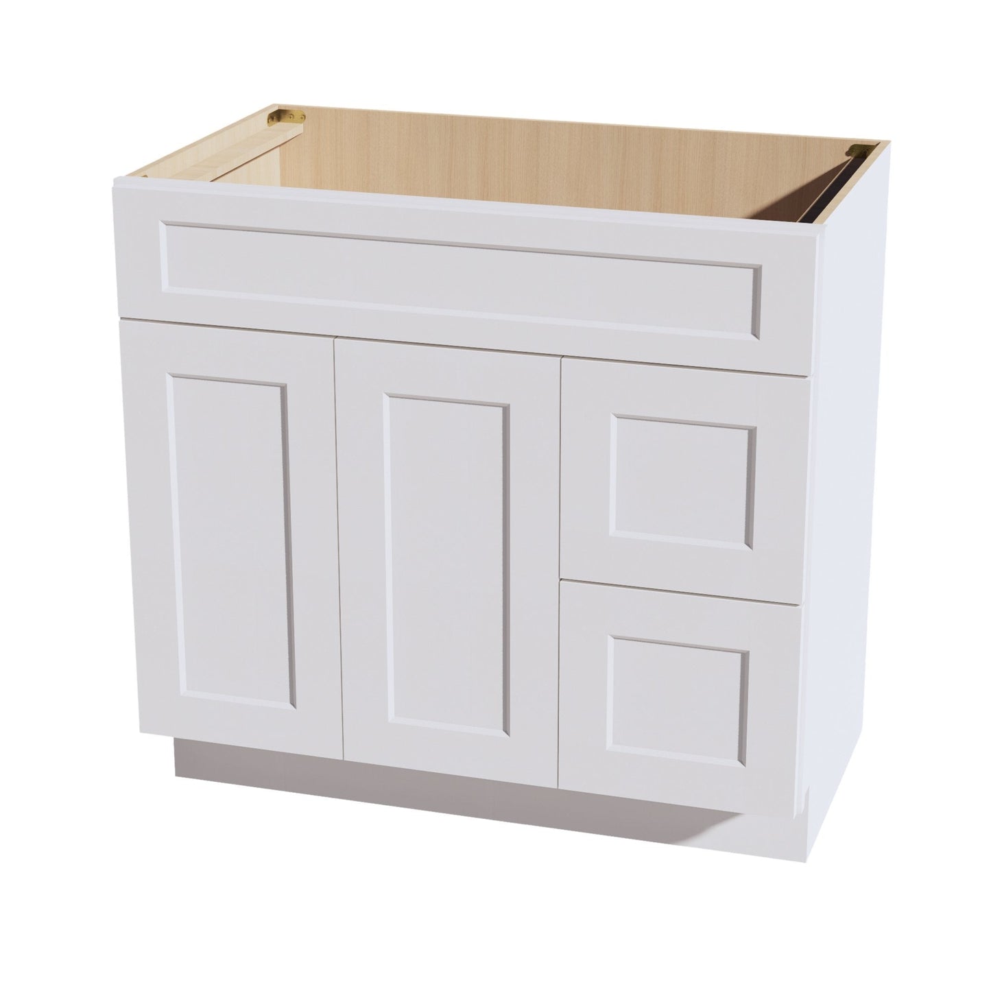 HF - VSD3621R: Frost White Shaker 36"W x 34 - 1/2"H x 21"D 2 Doors & 2 Right Drawers Offset Vanity Sink Base Cabinets - NextCabinets