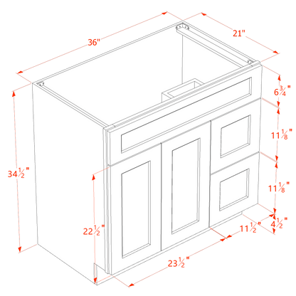 HF - VSD3621R: Frost White Shaker 36"W x 34 - 1/2"H x 21"D 2 Doors & 2 Right Drawers Offset Vanity Sink Base Cabinets - NextCabinets